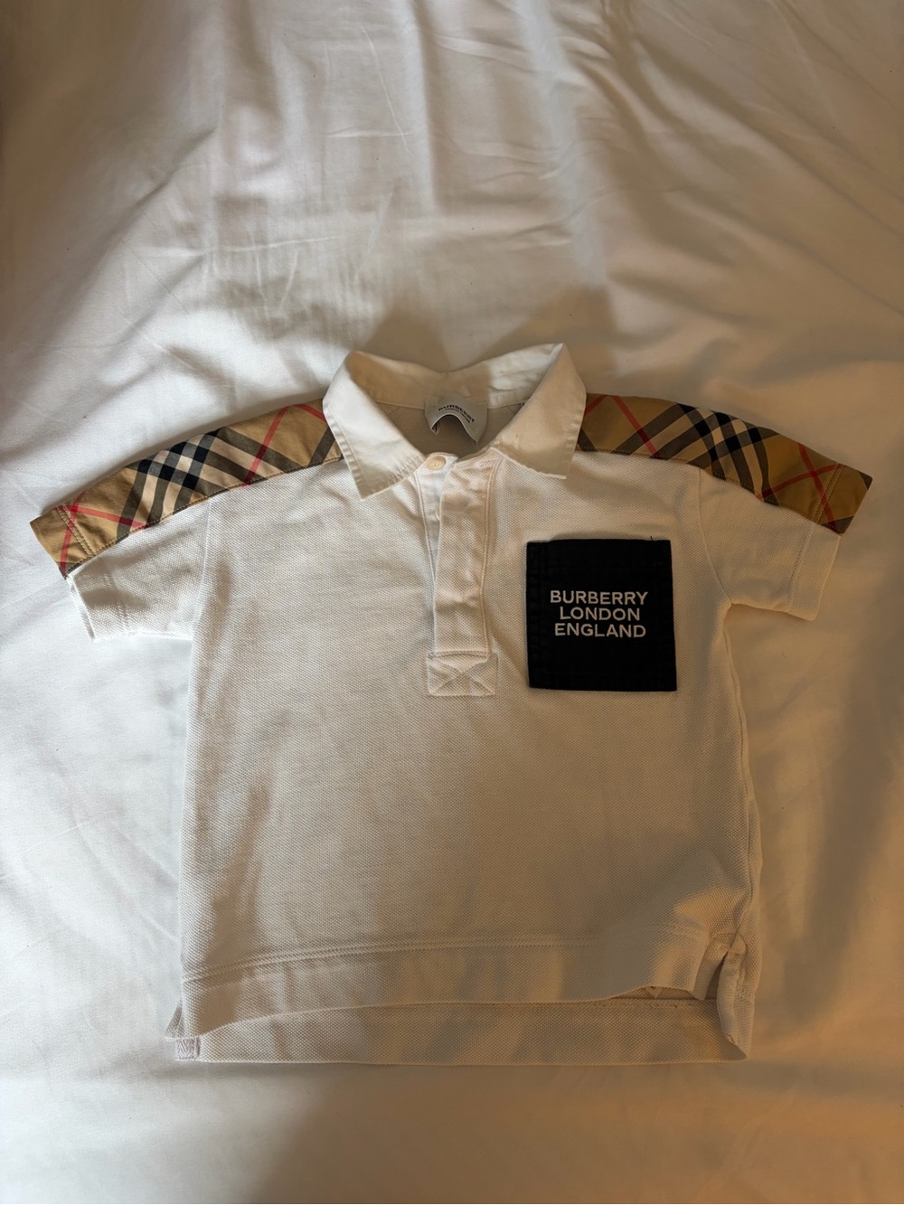 Burberry White Polo with Vintage Check Shoulder Panels